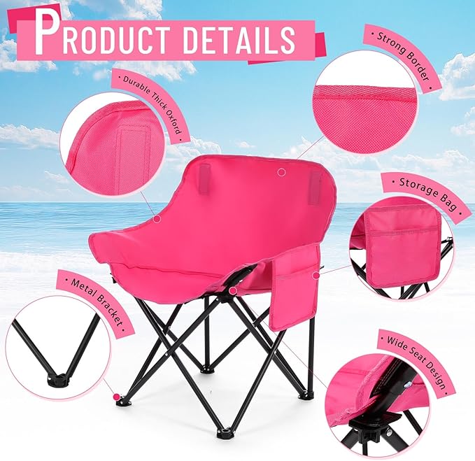2 Pack Compact Camping Chairs Portable Folding for Outside with Carry Bag Lightweight Moon Chairs for Travel Picnic Hiking Beach Fishing, 600D Oxford, Supports 330lbs(Pink)