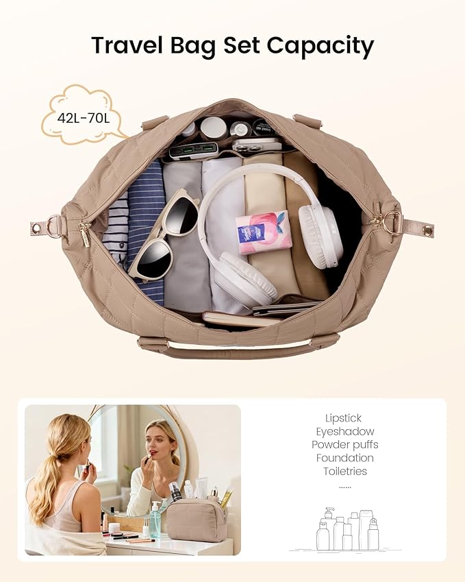 LOVEVOOK Travel Duffel Bag - Versatile Weekender Bag for Women, Puffer Carry On & Overnight Bag for Short Trips, Pink