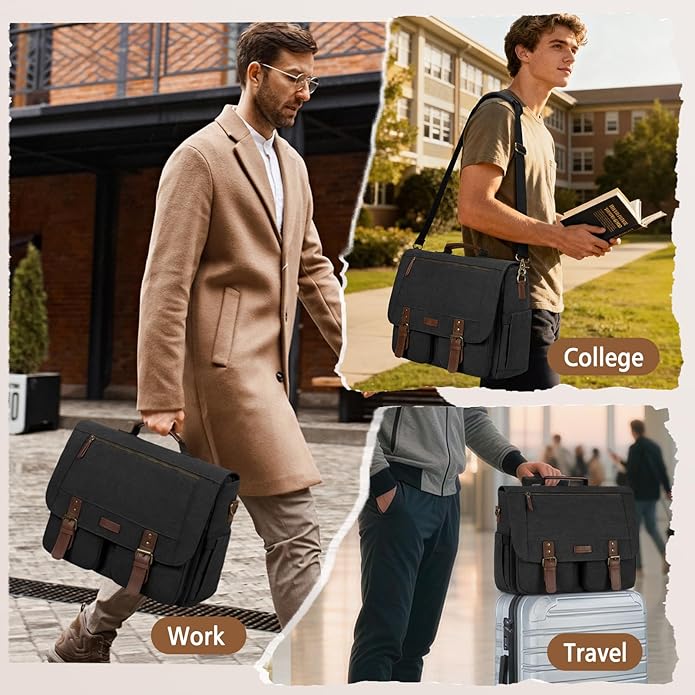 RAINSMORE Messenger Bag for Men 15.6-17.3 Inch Laptop Bag Water-resistant Canvas Briefcase Computer Satchel for Work College