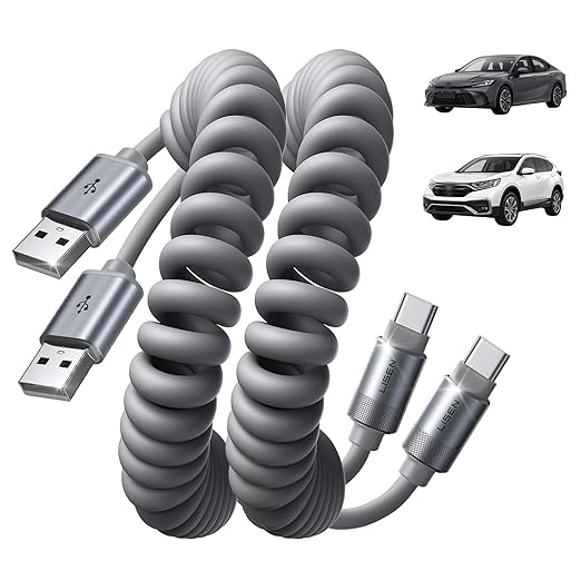LISEN USB A to USB C Cable, Durable Short USB to C Cable 2 Pack for Android Auto & CarPlay, Coiled USB C Cable Type C Retractable Car Charger Cord for iPhone 17/16/15 Samsung Galaxy S25/S24, Gray 4FT