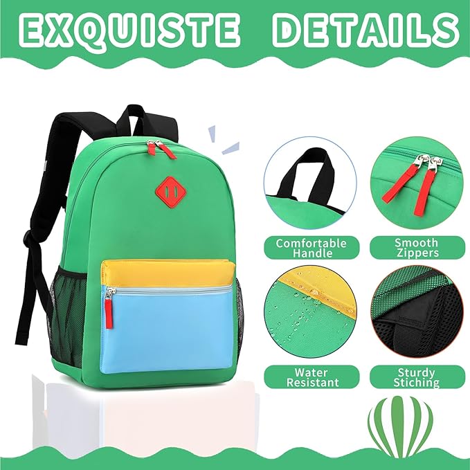 Backpack Set for Girls Boy Kids Backpack with Lunch Box for Elementary Primary Kindergarten School Bag (Green Blue Set, Large)