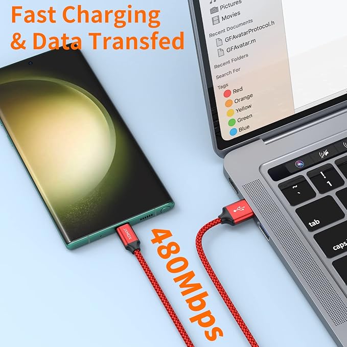 USB Type C Cable,USB A to USB C 3A Fast Charging (3.3ft 2-Pack) Braided Charge Cord Compatible with iPhone 15 16 Pro Max,Samsung Galaxy S20 S10 S9 S8,Note 9 8,A11 A20 A51,LG V30 V35,Moto Z2 Z3 (Red)