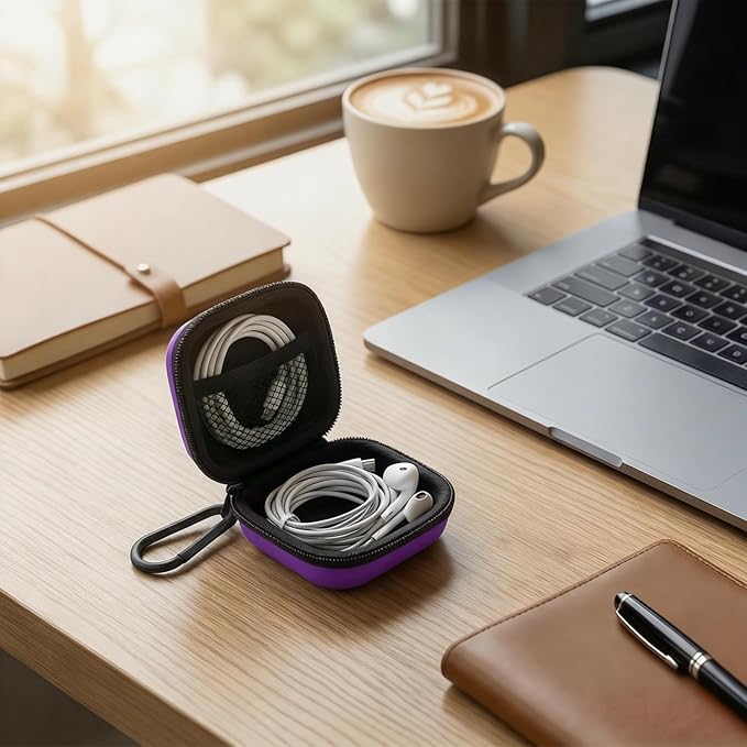 Square Earbud Case with Carabiner, Portable Small Carrying Pouch for Wired/Wireless Earphones, EVA Travel Organizer Box for Charging Cables, USB Flash Drives, SD Cards, Purple