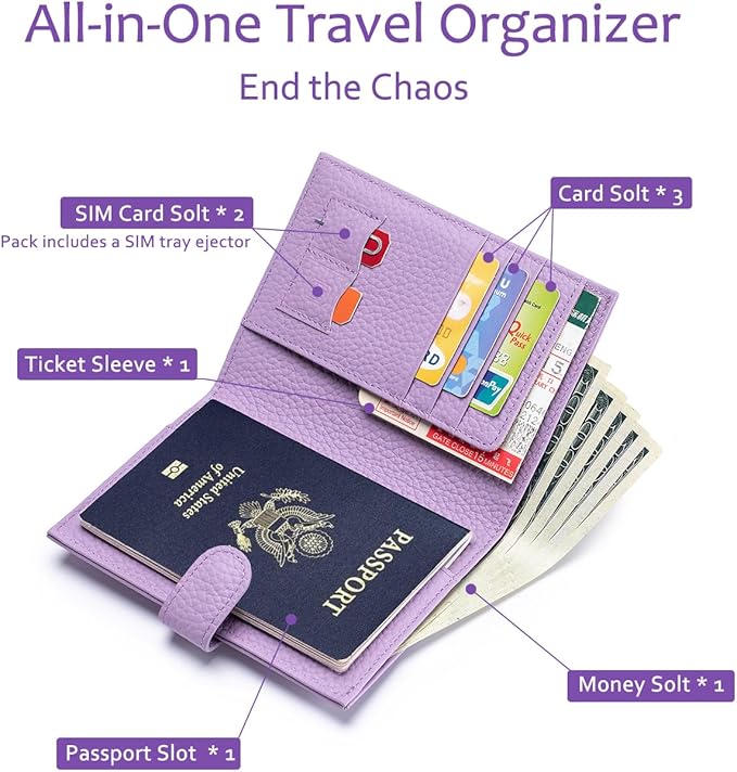 Slim Passport Wallet for Women – RFID Blocking Passport Holder for Travel with Card Slots, Coin Pocket – Stylish Genuine Leather Travel Organizer Gift for Mother's Day (Lavender)