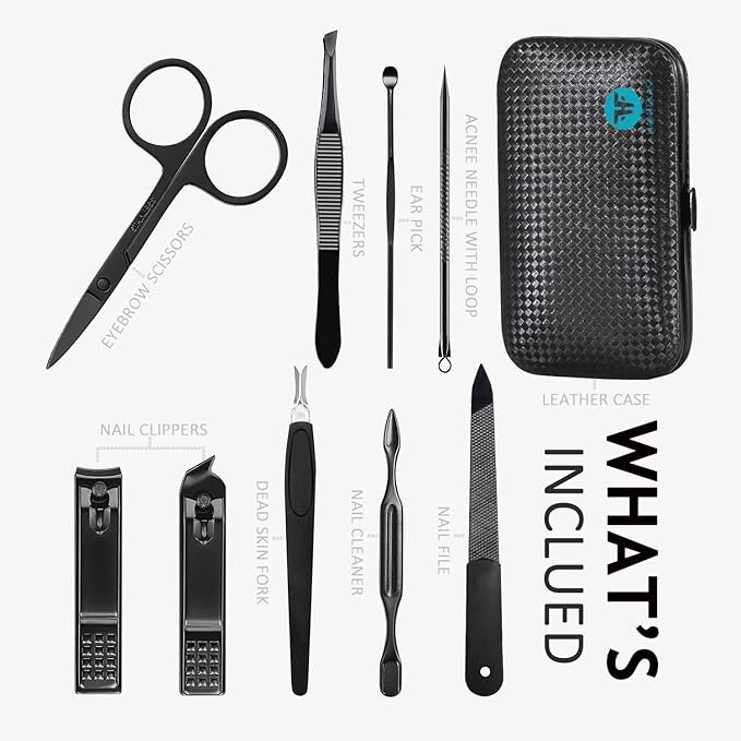 HANTEKAS Manicure Set 9 in 1 Stainless Steel, Nail Clippers Scissors Pedicure Tools Kit - Portable Travel Grooming Kit for Men and Women with Leather Case (Blue-BIG Nail Clipper)