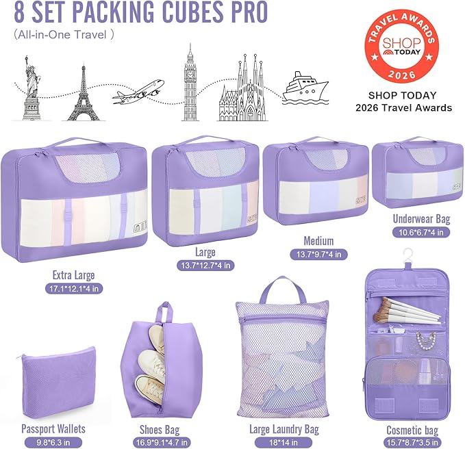 Veken 8 Set Packing Cubes for Travel Essentials, Suitcase Organizer Bags in 4 Sizes, Carry-On Luggage Accessories with Large Laundry & Hanging Toiletry Bag, Must-Have for Airplane, Road Trip & Camping