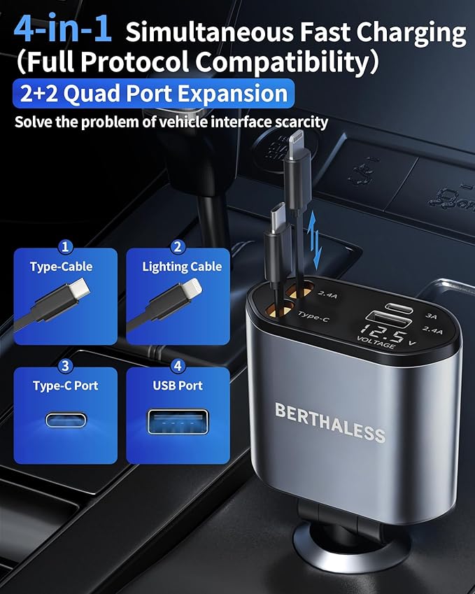BERTHALESS Retractable Car Charger, 4 in 1 Fast Charging Car Charger with USB-C & USB-A, Compatible with iPhone 17/16/15/14/13/12/11,Galaxy,Pixel, Car Accessories for Men Women Drivers