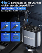 BERTHALESS Retractable Car Charger, 4 in 1 Fast Charging Car Charger with USB-C & USB-A, Compatible with iPhone 17/16/15/14/13/12/11,Galaxy,Pixel, Car Accessories for Men Women Drivers