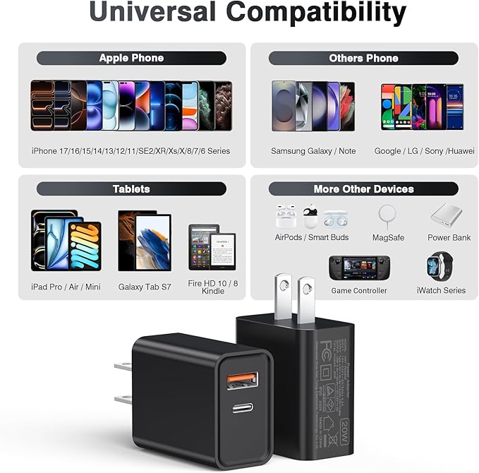 20W USB C Wall Charger for iPhone 17/16/15/14/13/13 Mini/13 Pro Max/12/12 Pro/12 Pro Max Cube, 2 Pack Dual Port Fast Charging Brick Block Plug Box Base Adapter for iPad, iPod, Watch Series 8 7, Black