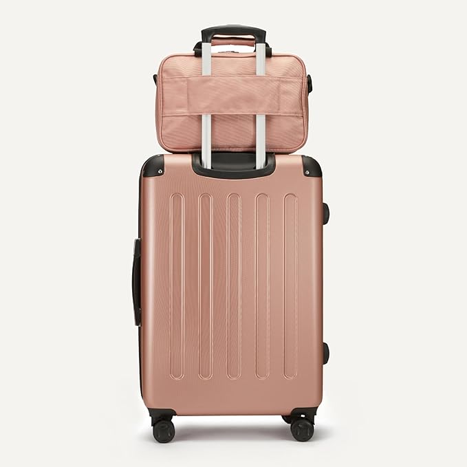 Amazon Basics 4-Piece Luggage Set, Hardside Spinner Suitcases with Multidirectional Wheels (22" Carry-On and 28" Checked), Plus 15-inch Tote Bag and 10-inch Compact Travel Bag, Rose Gold