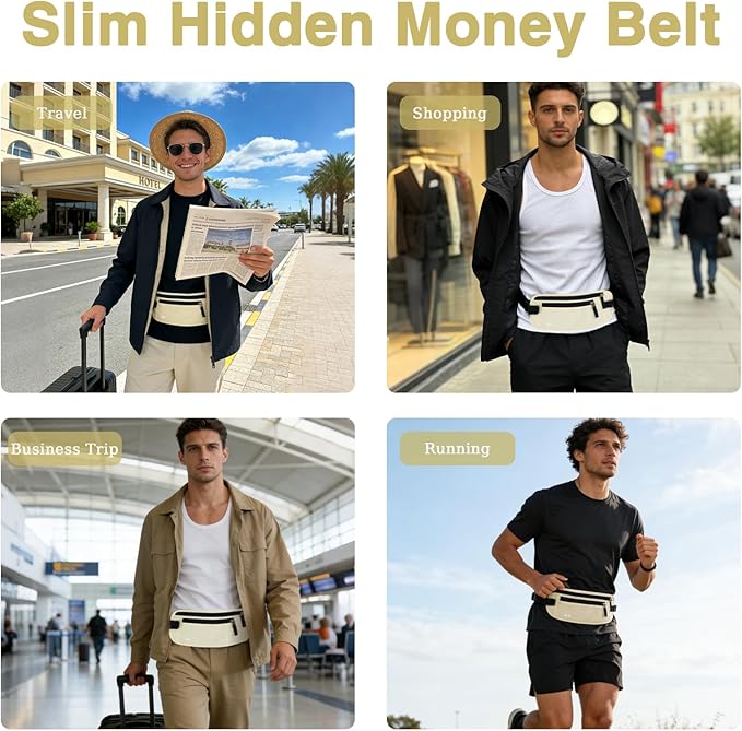 FuninCrea Waterproof Hidden Money Belt for Travel, Anti-Theft Belt Bag with RFID Blocking Function Adjustable Slim Waist Bag with 2 Zipper Pockets and 1 Back Pocket for Travel Running (B, Beige)