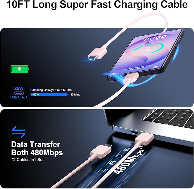 Super Fast Charger Type C, 25W USB C Wall Charger Fast Charging for Samsung Galaxy S26 Ultra/S26/S26+/S25 Ultra/S25/24 Ultra/S24/S23 Ultra/S22 Ultra with 10FT Long Android Type C Charger Cable 2Pack