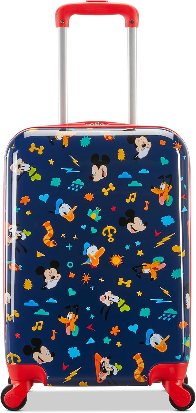 American Tourister Mickey Mouse Carry-On Luggage - Airline Approved, Durable Hardshell with Micky, Donald Duck, Pluto & Goofy - Roll Confidentially with Spinner Wheels & Colorful Adjustable Handle