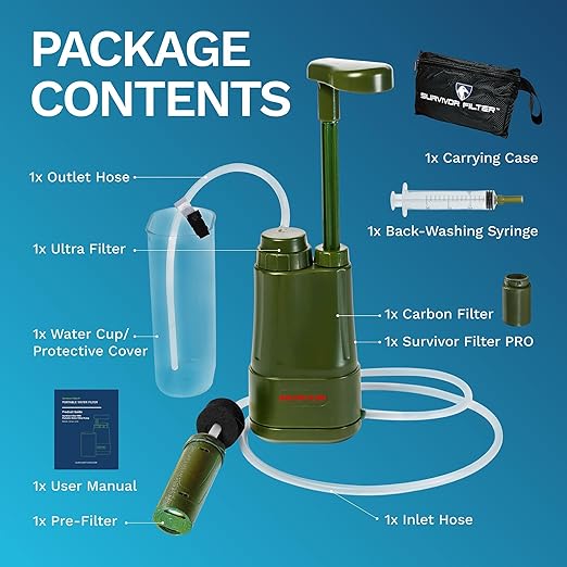Survivor Filter PRO – 0.01 Micron Portable Water Filtration System Survival – Tested in USA Labs – Bacteria, Parasite and Virus Removal – Ultimate Survival & Backpacking Gear