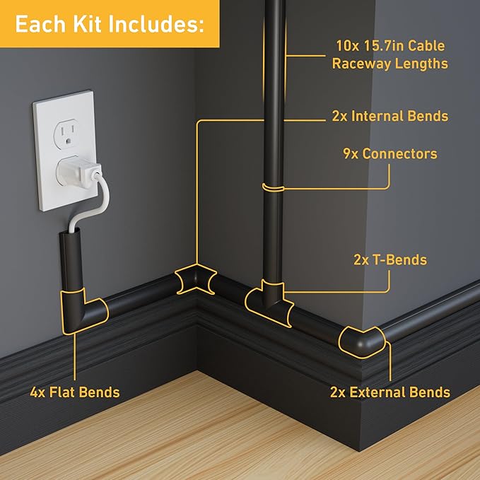 D-Line 157in Cord Cover Kit, Self-Adhesive Wire Hiders, Cable Raceway to Hide Wires on Wall, Electrical Cable Management - 10x 15.7 Lengths & 19 Accessories - 1.18" (W) x 0.59" (H) - Black