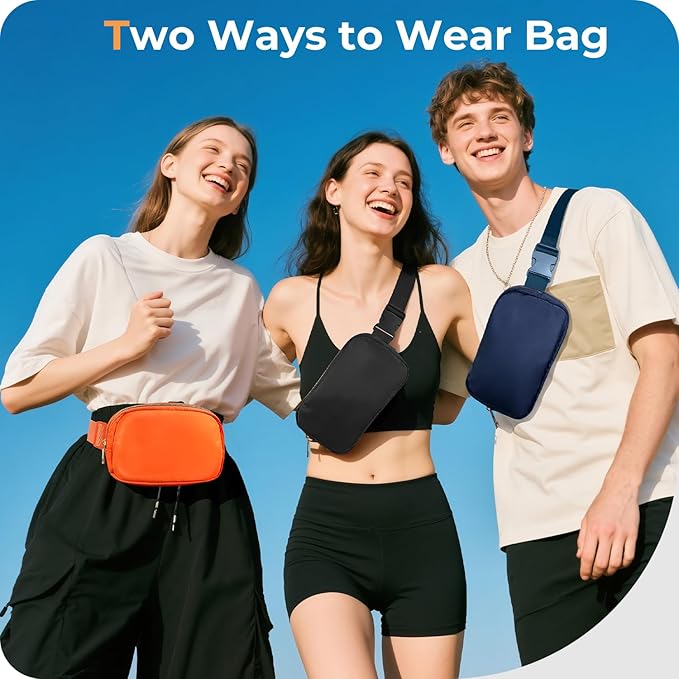 Belt Bag Zipper Fanny Pack Crossbody Bags for Women,Fashion Nylon Waist Packs, Water Repellent Two Way wear with Adjustable Strap Gifts for Teenage Girls Women Men(Black)