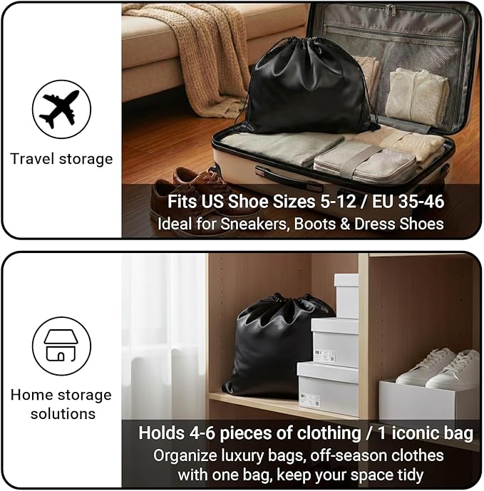 Q&J Fabric Co. 6 Pack Satin Dust Bags for Purses and Handbags - Purse Storage Organizer with Drawstring, Dustproof Travel Storage Pouches for Handbags, Shoes, Boots & Clothes (15.7"x19.7", Black)