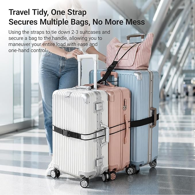 3 PCS Luggage Straps, for Suitcases TSA Approved Adjustable Luggage Connector Straps，with Elastic Thick Rope for Connecting Suitcases and Bags Stably with Strap Buckle and Bottle Buckle Clip, Black