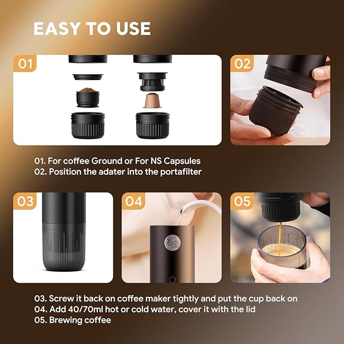 RECAFIMIL Portable 2-in-1 Coffee Maker, Portable 20 Bar Espresso Machine with Automatic Heating, Compatible with NS and Ground Coffee for Camping, Hiking Travel and Home (Black)