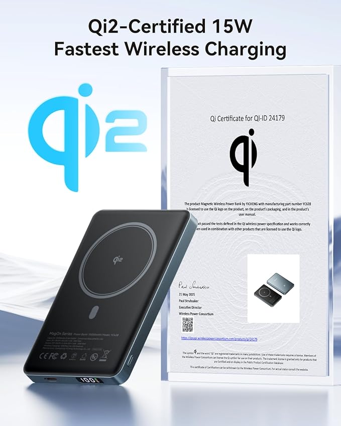 Kuulaa 0.5" Magsafe Portable Charger, 10000mAh Magnetic Power Bank & Slim Battery Pack - Qi2 Certified 15W Wireless Charging with 20W USB-C PD for iPhone 17/16/15/14/13/12 Pro/Air Series