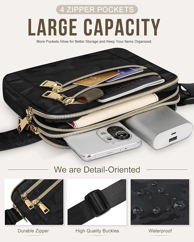 Capolo Fanny Packs for Women Fashion Waist Packs Bag with Adjustable Strap and 4 Zipper Pockets Waterproof Everywhere Crossbody Belt Bag for Workout Running Travelling(Black Camo)