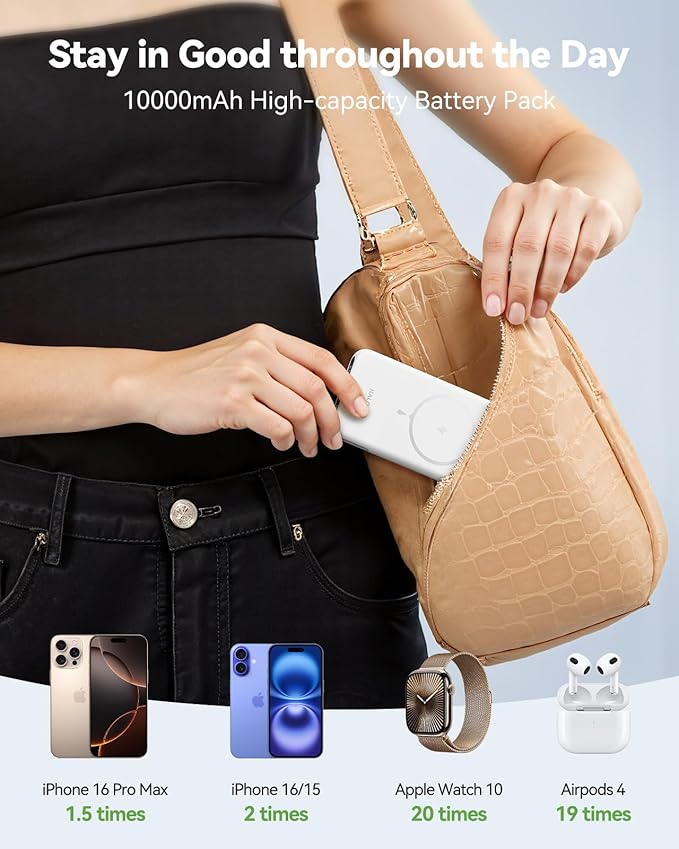 Magnetic Portable Charger for iPhone and Apple Watch, 10000mAh Wireless Power Bank PD 20W USB-C Fast Charging Battery Pack with Stand for iPhone Air 17/16/15/14/13/12 Pro Max、iWatch 11-1/SE/Ultra 3-1