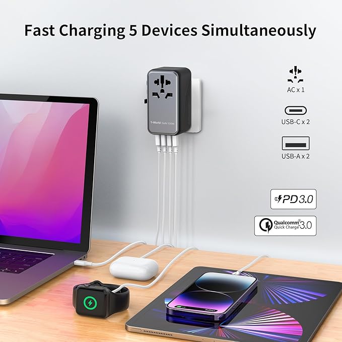 MOMAX 100W Universal Travel Adapter, 5-in-1 GaN International Power Adapter for Laptop, Phone, 2 USB-C PD & 2 USB-A QC Wall Charger, European Travel Plug Adapter for UK/US/AUS/JP, Travel Essentials
