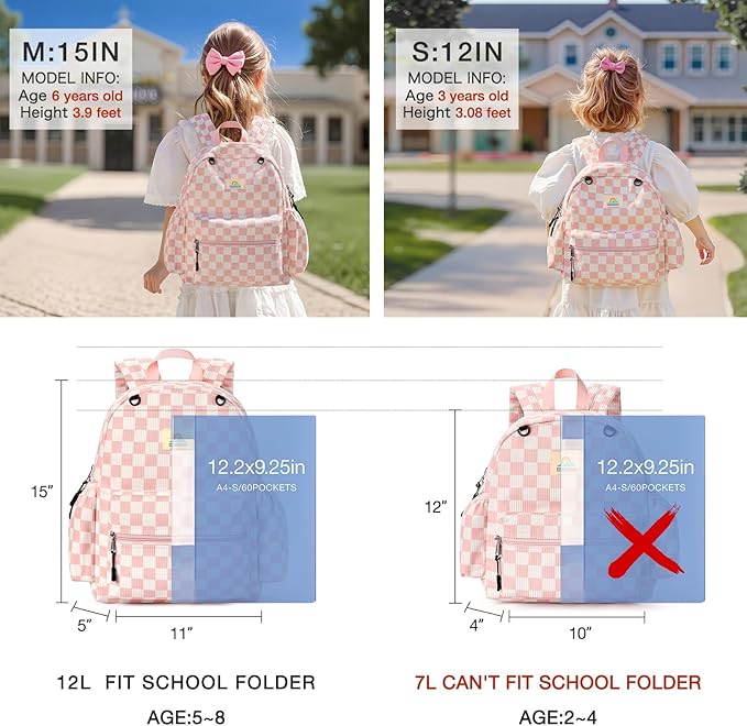 STEAMEDBUN Corduroy Kids Backpack for Girls and Boys 5-8: Girls Backpack for Elementary Kindergarten - 15 inch Cute Backpacks for Kids - Checkerboard