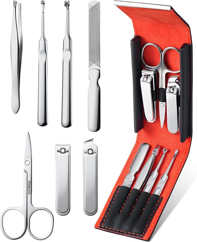 Nail Clipper Set 7 in 1, Precision Manicure Kit with Magnetic Leather Case, Mirror-Polished Stainless Steel Tools for Fingernail & Toenail, Daily Grooming Kit for Men & Women