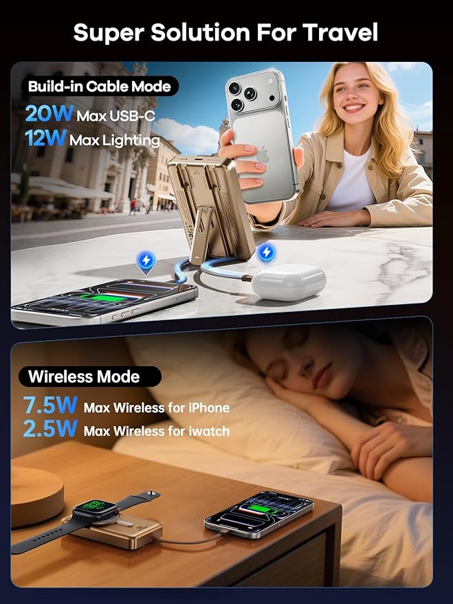 REWONDER for Magsafe Protable Charger, 10000mAh Wireless Portable Charger Built-in 2 Cables, 5-in-1 Slim for iPhone Air Battery Pack with Kickstand for iPhone Air/17/16, Apple Watch S11 /S10, Golden