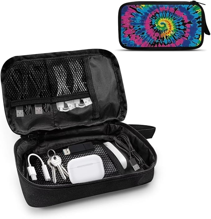 Tie Dye Print Portable Travel Cable Organizer Bag, Tech Storage Bag for Cord, Charger, Phone, Earphone, Hard Drive, USB, SD Card and Electronic Accessories