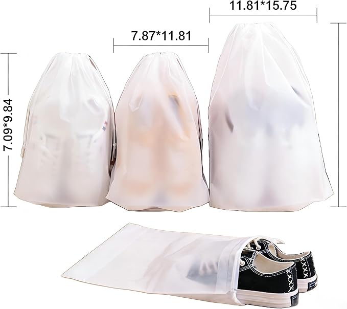 15-piece travel white frosted drawstring storage bags for gym clothes, underwear, shoes, and clothing packaging. 3 sizes, 5 pieces each (15.7 x 11.8 in; 7.9 x 11.8 in; 7.0 x 9.8 in)