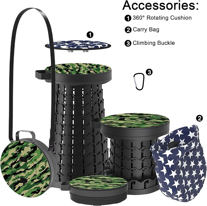 ALEVMOOM Upgraded Telescoping Collapsible Stool with Cushion, Folding Stool with Printing Portable Retractable Foldable Seat Max Load 600lbs for Adults Camping Fishing Outdoor