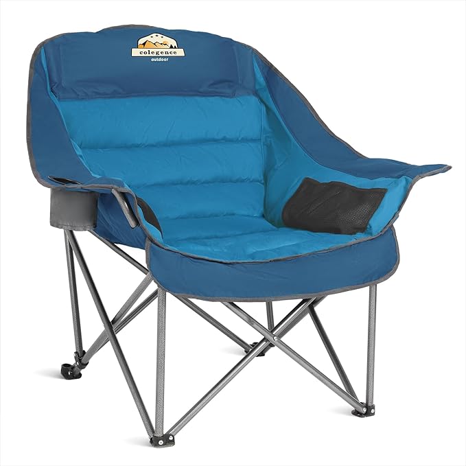 Colegence Oversized XL Padded Camping Chair Wide Heavy Duty Lawn Chairs Support 450 LBS Portable Folding Gaint Plus Camp Chair with Side Pocket Cup Holder for Outdoor Outside Sports Baseball-Blue
