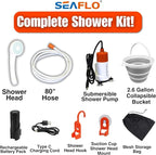 SEAFLO Portable Camping/Outdoor Shower, Rechargeable Battery, 2.64 Gallons Per Min, 40-Minute Runtime Outdoor Camping Pet Washing, Type-C Charging, 80" Hose (with or Without 2.6 Gallon Bucket)