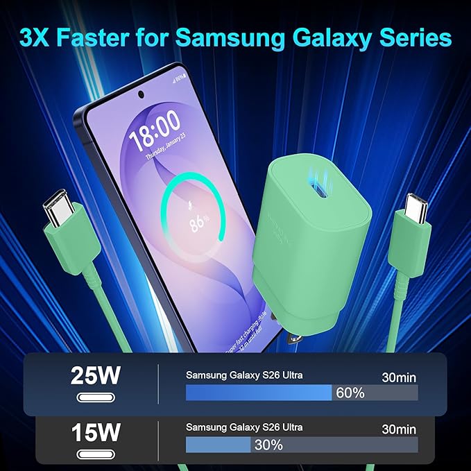 Super Fast Charger Type C, 25W USB C Wall Charger Fast Charging for Samsung Galaxy S26 Ultra/S26/S26+/S25 Ultra/S25/24 Ultra/S24/S23 Ultra/S22 Ultra with 10FT Long Android Type C Charger Cable 2Pack