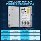 Upgraded 12V DC Power Supply 480W 40A 110v to 12v Converter Switching Power Supply for Led Strip, CCTV, 3D Printer, Motor Pump, Electronic Instruments, Lab Computer, Without Power Cord