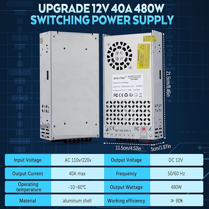 Upgraded 12V DC Power Supply 480W 40A 110v to 12v Converter Switching Power Supply for Led Strip, CCTV, 3D Printer, Motor Pump, Electronic Instruments, Lab Computer, Without Power Cord