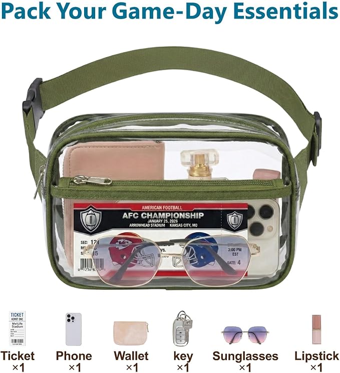 Veckle Clear Fanny Pack Stadium Approved - Plus Size 35-51 Inch Adjustable Strap Transparent Belt Bag for Women Men Fits 7.5" Smartphone, Crossbody Clear Bag for Stadium Events Sports Concerts, Green