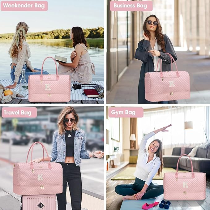 Letter Weekender Bags for Womens - Duffle Bag with Shoe Compartment Personalized Overnight Bag with Toiletry Bag Duffel Bags for Gym Hospital Bags Gift for Women Pink (Letter K)