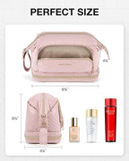 BAGSMART Travel Makeup Bag, Cosmetic Bag Make Up Organizer Case, Dorm Room Essentials Large Wide-open Pouch Women Travel Essentials Double Layers Purse for Toiletries Accessories Brushes Pink
