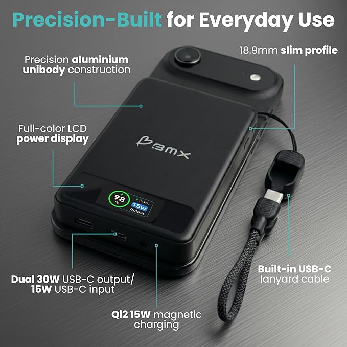 10K Magnetic Power Bank, Black, Qi2 Certified 15W Wireless Charger, LCD Display, Solid-State Battery for Safer Travel, Ultra-Slim USB-C Fast Charging Portable Charger for iPhone 17/16/15