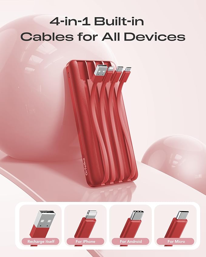 Orfeika 20000mAh Power Bank Fast Charging, Portable Charger with 4 Built-in Cables & 6 Outputs, 20W PD USB C Battery Pack Compatible with iPhone 16/15, Galaxy, Android, iPad & More (Travel Essential)