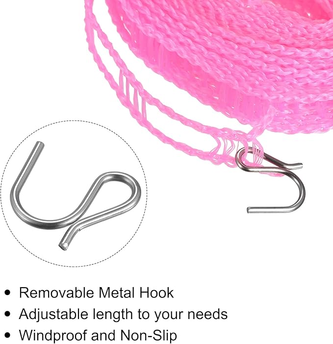 uxcell Portable Clothesline, 9.84ft Nylon Windproof Non-Slip Washing Line Rope for Courtyard Outdoor Travel Camping Laundry Drying, Pink