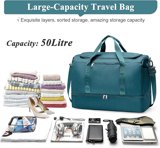 Large Travel Duffle Bag,Carry on Overnight Weekend Bag with Shoes Compartment,Weekender Bags for Women for Travel Business Trips Sport Hospital,Peacock Blue