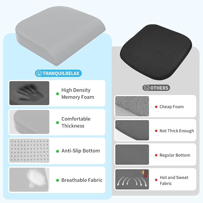 TranquilRelax XLarge Seat Cushion, Memory Foam Cushion for Long Sitting Hours on Office Chair, Home & Car, Non-Slip Chair Pad for Relieving Back & Sciatica & Hip & Coccyx Pain (Light Grey)