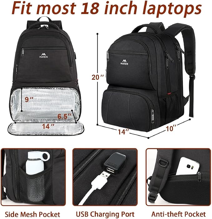 MATEIN Lunch Backpack for Men, 18 Inch Large Insulated Backpack Cooler with Lunch Compartment, Water Resistant Laptop Back pack with Lunch Box Bag for Work Travel Business College Picnic