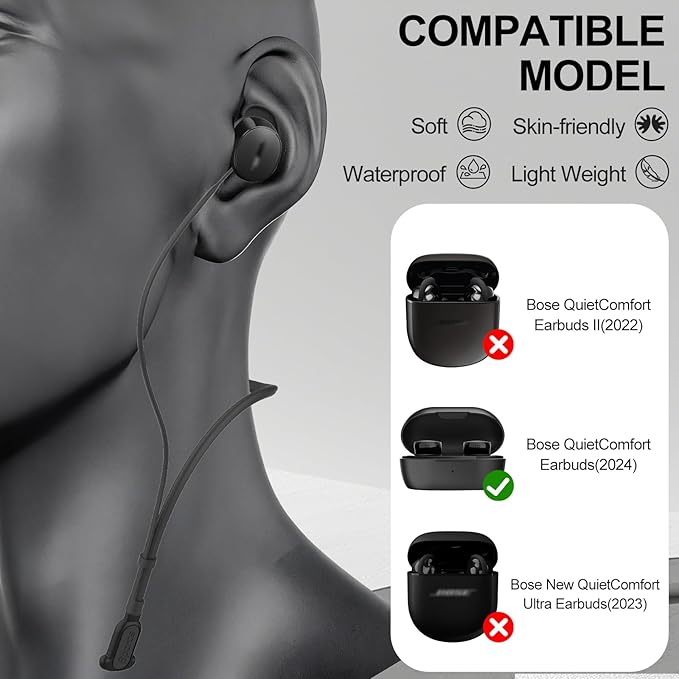 Compatible for Bose QuietComfort Earbuds (2024) Strap, Skin-Friendly Silicone Sports Neckband Wire Cord, Wireless Headphone Anti-Lost Strap, Black