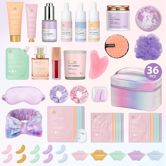 36 Pcs Mother's Day Gift, Hydrating Skin Care Kit, Bath and Body Gift Set for Women, Face Sheet Mask, Leather Cosmetic Bag, Face Serum, Self Care Kit, Anniversary, Birthday, Valentines,Christmas