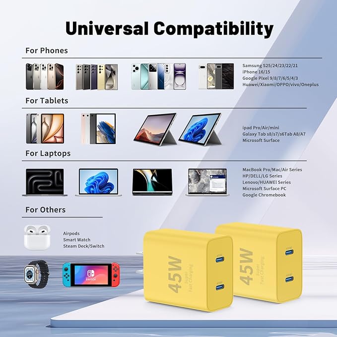 QZIIW Super Fast Samsung Charger Type C,45W Dual Port USB C Fast Charger Block [2-Pack] & Extra Long 60W 3/6/6/10FT USB C Cable - PD Quick Charging 3.0 for Samsung Galaxy S25 Ultra/S24+/S23 iPhone 16